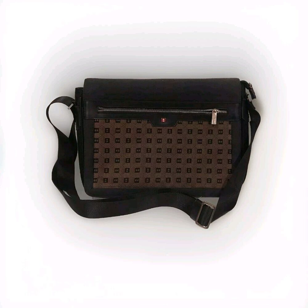 Vintage BALLY Brown Monogram Canvas Black Leather Messenger Bag